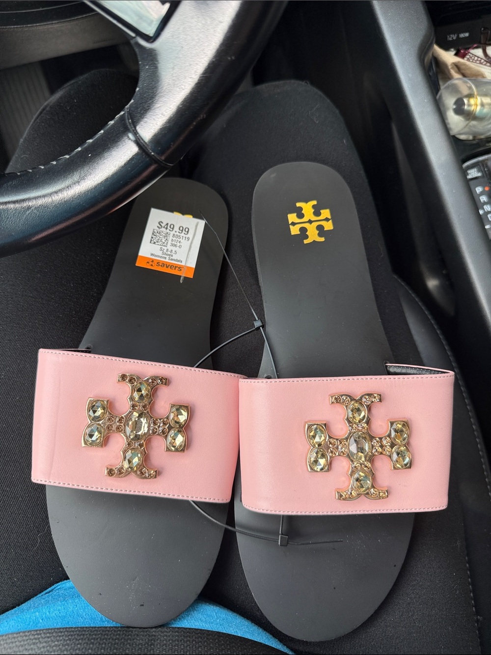 Tory Burch Pink Jeweled Logo Slide Sandals with Gold Accents